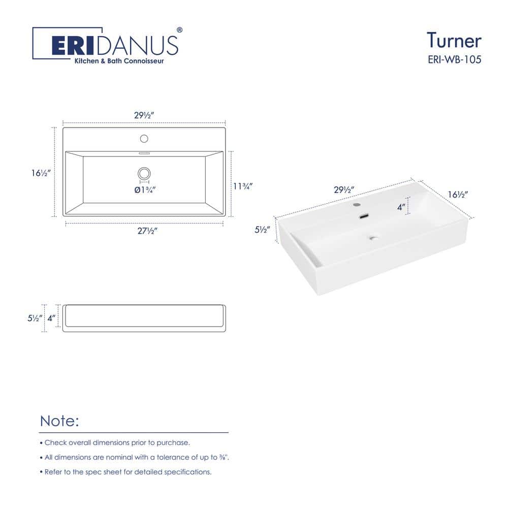 Turner 30" White Ceramic Wall-Mount Rectangular Sink