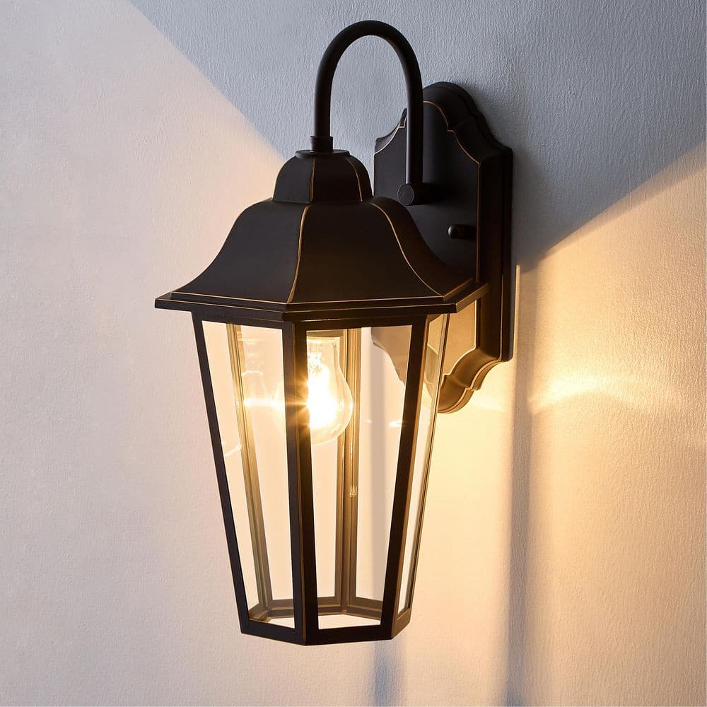16.6 in. 1-Light Oil-Rubbed Bronze Traditional Outdoor Wall Lantern Sconce with Gold Accents and Clear Glass price history on PriceWatchPro