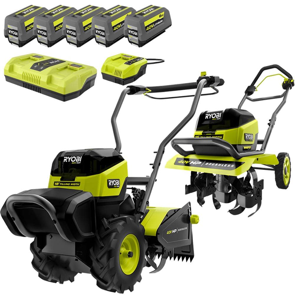 RYOBI 40V HP Brushless 18 in. Battery Powered Rear Tine Tiller and 16 in. Front Tine Tiller with Batteries and Chargers -  RY40720-30