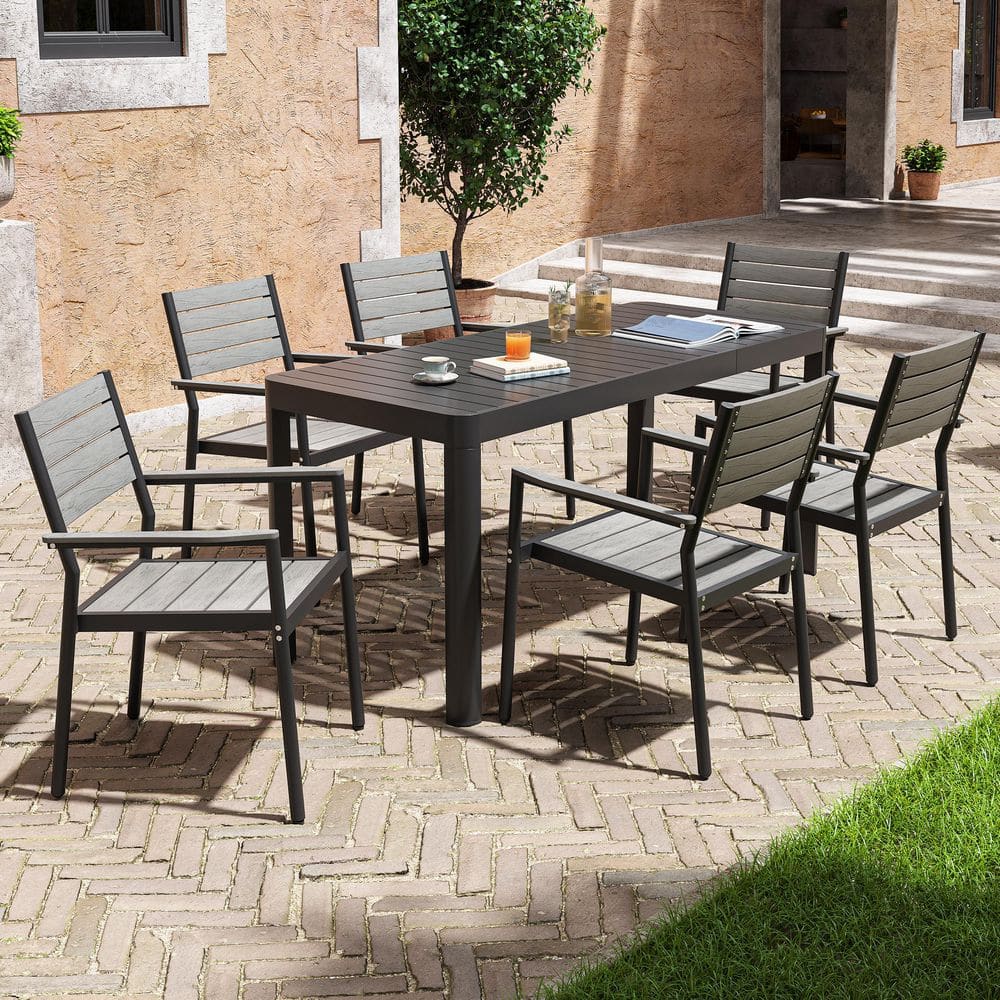 7-Piece Aluminum Patio Outdoor Dining Set Rectangle Extendable Table and Arms Stacking Wood-Like Chairs, Gray