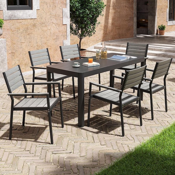 7-Piece Aluminum Patio Outdoor Dining Set Rectangle Extendable Table and Arms Stacking Wood-Like Chairs, Gray