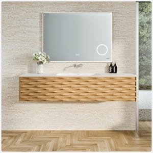 Oahu 55 in. W Solid Wood Floating Bath Vanity in Natural Oak with White Solid Surface Top