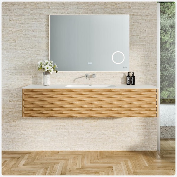 Eviva Oahu 55 in. W Solid Wood Floating Bath Vanity in Natural Oak with White Solid Surface Top