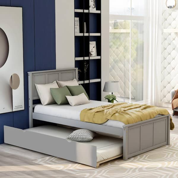 Polibi Wood Frame Twin Size Platform Bed with Twin Size Trundle, Gray