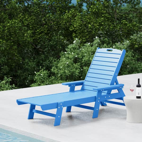 Harlo Pacific Blue HDPE All Weather Fade Proof Plastic Reclining Adjustable Back Outdoor Patio Chaise Lounge Armchair