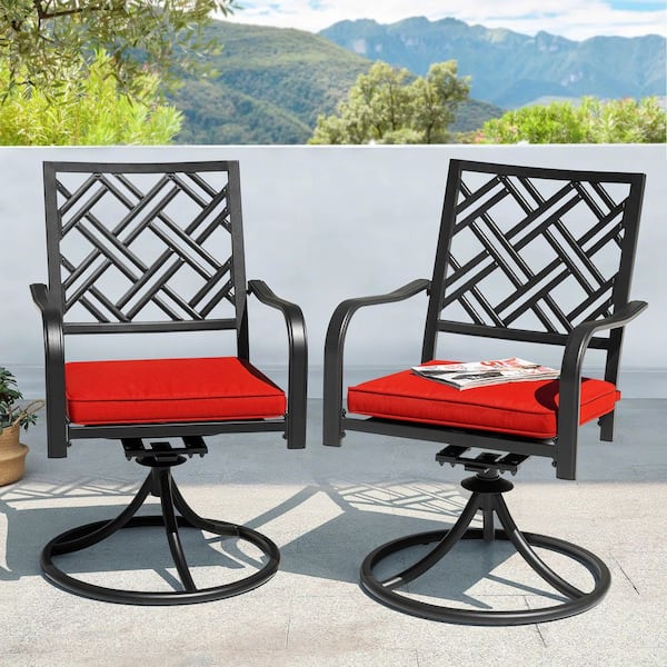 Black Iron Outdoor Dining Chairs with Red Cushions and Swivel Design (2-Pack)