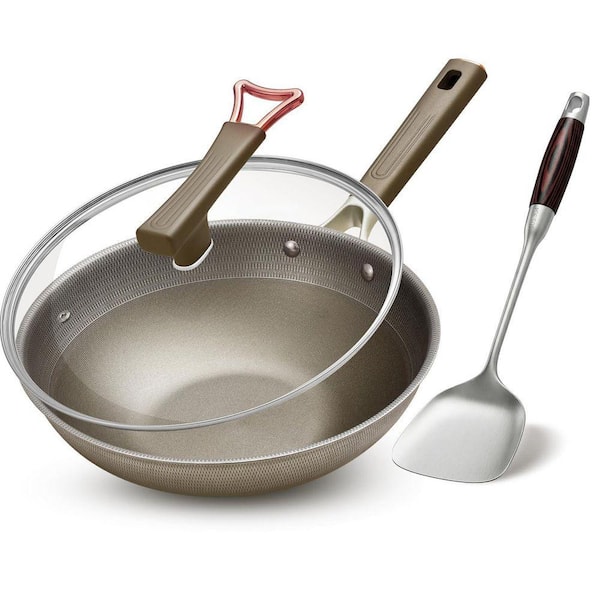 Large 13 in. Coffee Stainless Steel Non-Stick Induction Wok with Lid, Extended Cool-Touch Handle, Dishwasher Safe