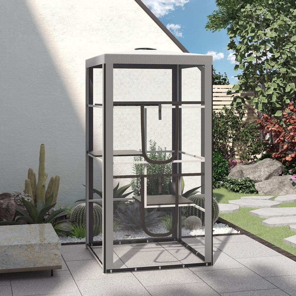 Tall Gray Metal Outdoor Cat Enclosure with Platforms