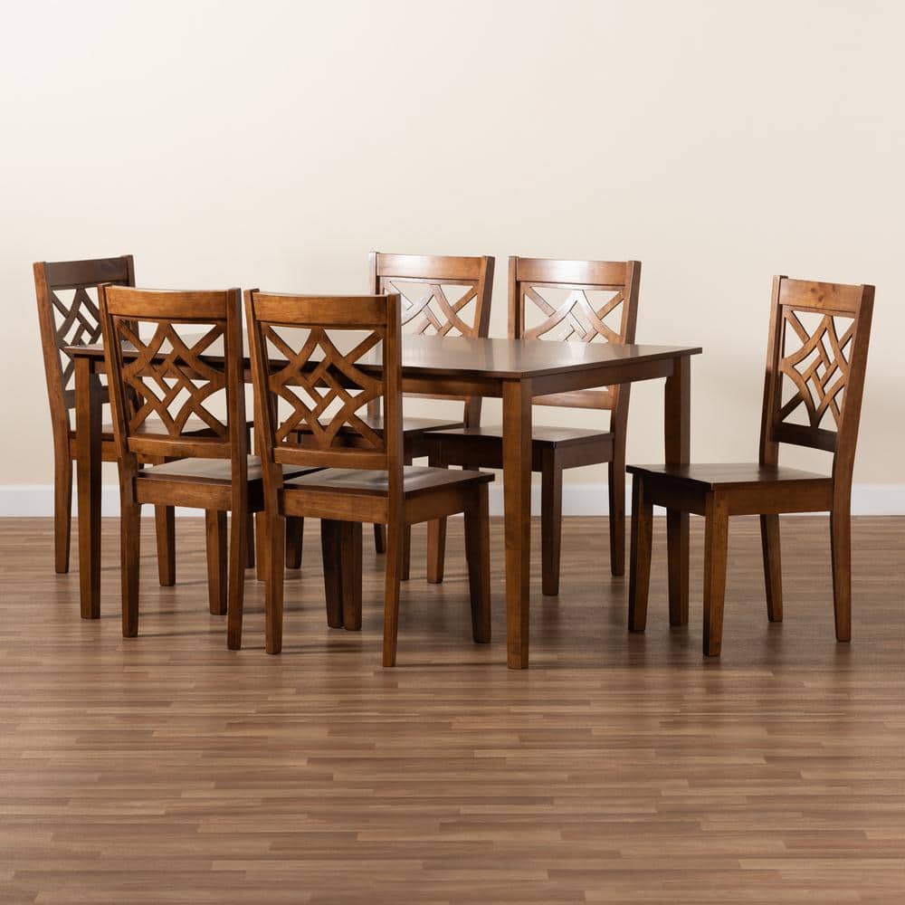 Nicolette Walnut Brown Wood 7-Piece Dining Set with Geometric Cut-Out Chairs