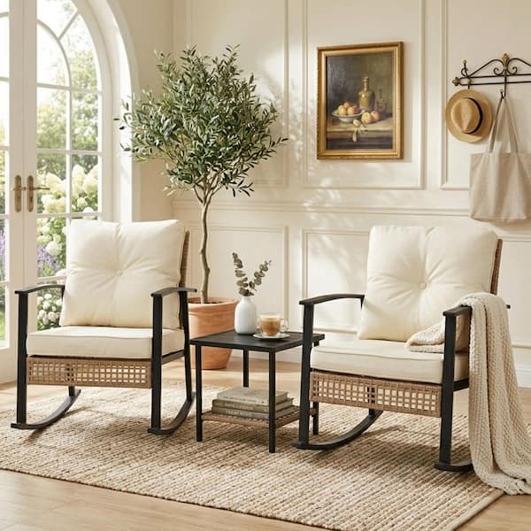 3-Piece Metal Rocking Bistro Outdoor Patio Conversation Set with Cushions and 2-Tier Coffee Table in Beige Cushion