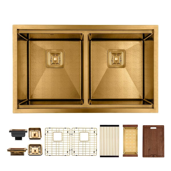 32 in. Undermount Double Bowl 16-Gauge Gold Leather Textured Stainless Steel Workstation Kitchen Sink with Accessories