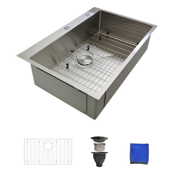 33x22 in. Drop-In Single Bowl Kitchen Sink, 16 Gauge Stainless Steel with Brushed Finish, Bottom Grid, and Strainer