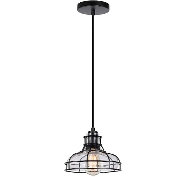 pasentel Modern 1-Light Black Cage Pendant Light with Clear Glass Shade