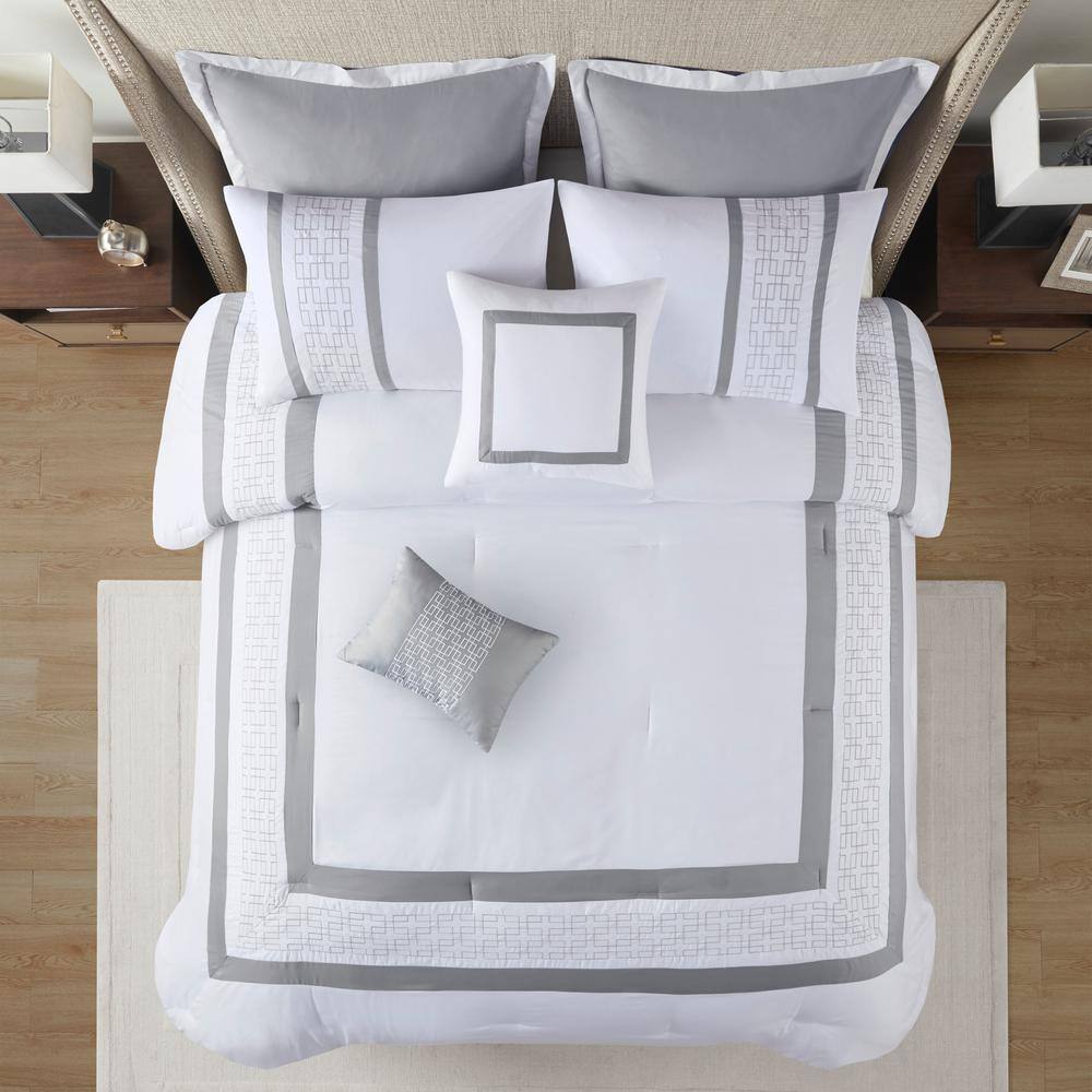King White Microfiber Geometric Embroidered Comforter Set