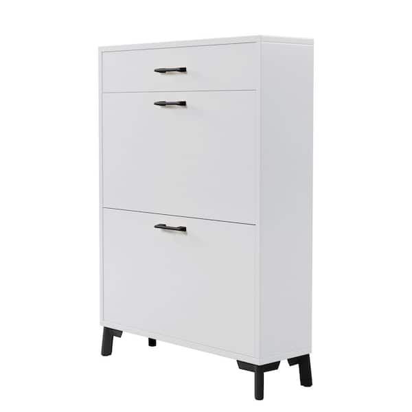 43 in. H x 32 in. W White Shoe Storage Cabinet, Freestanding Shoe Rack with 2-Flip Drawers & Metal Legs, Hallway/Closet
