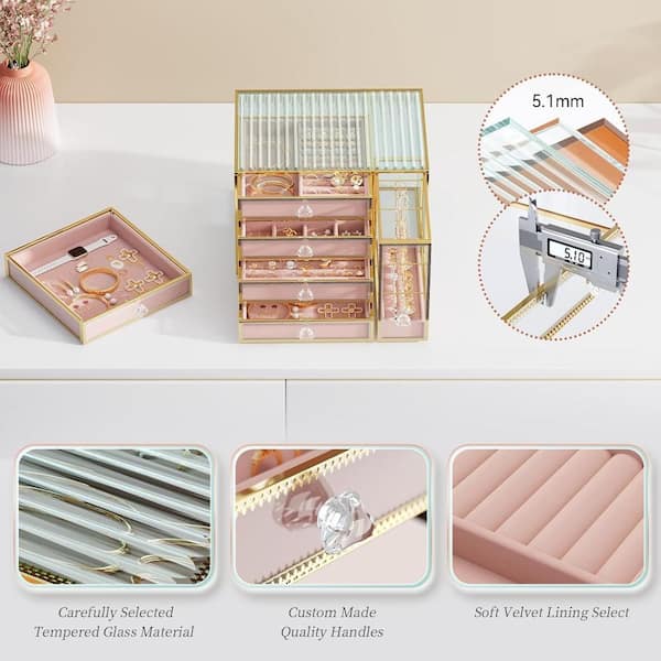 Tempered Glass 5-Drawer Jewelry Organizer Box, Pink JOLZF - The