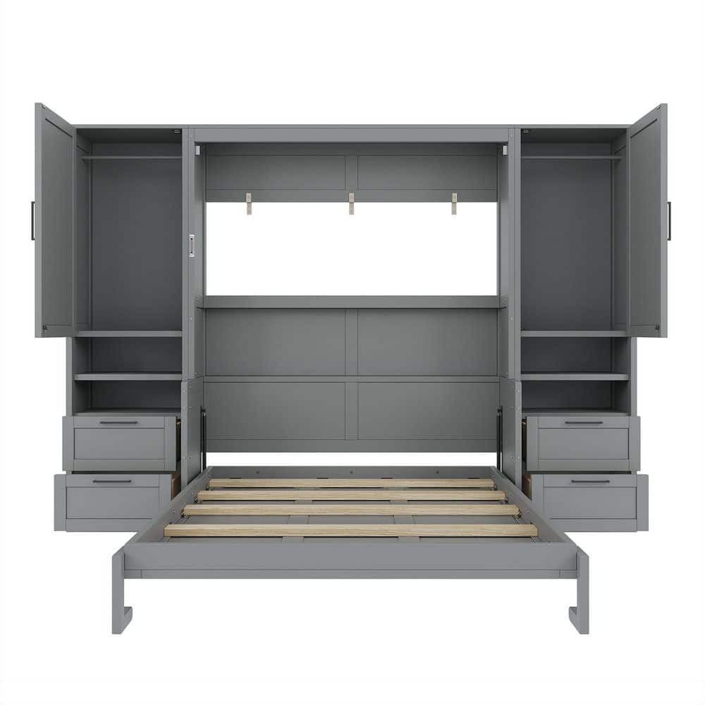 Gray Wood Frame Queen Size Murphy Bed with Closet, Drawers and Shelves - thumbnail 7