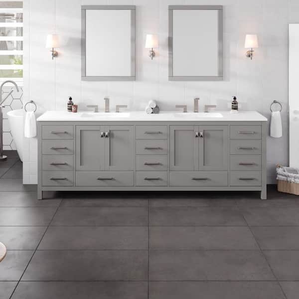 Aberdeen 96 in. Double Sink Gray Bath Vanity with White Carrara Quartz Top (Assembled)