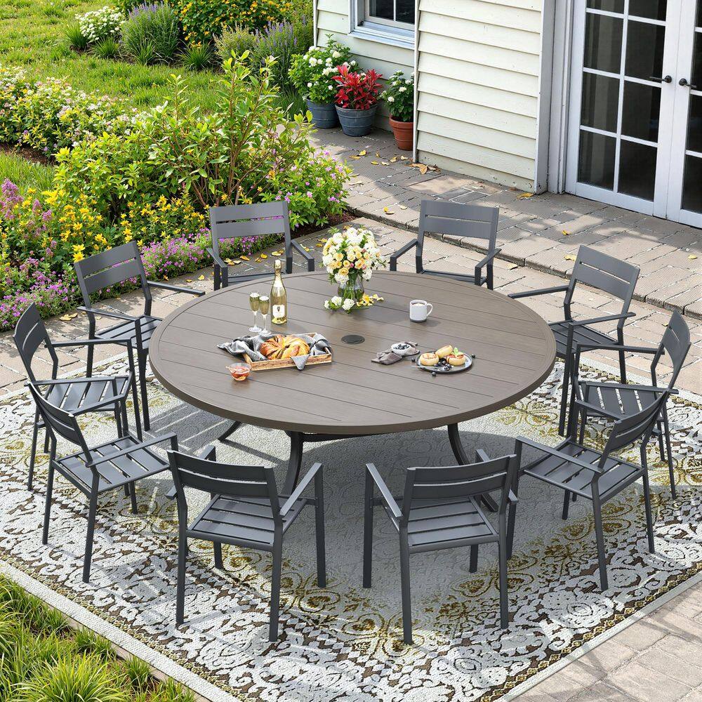 11-Piece Metal Outdoor Patio Dining Set with 60 in. Gray Wood-Like Round Slat Table and 10 Stackable Chairs in Gray price history on PriceWatchPro