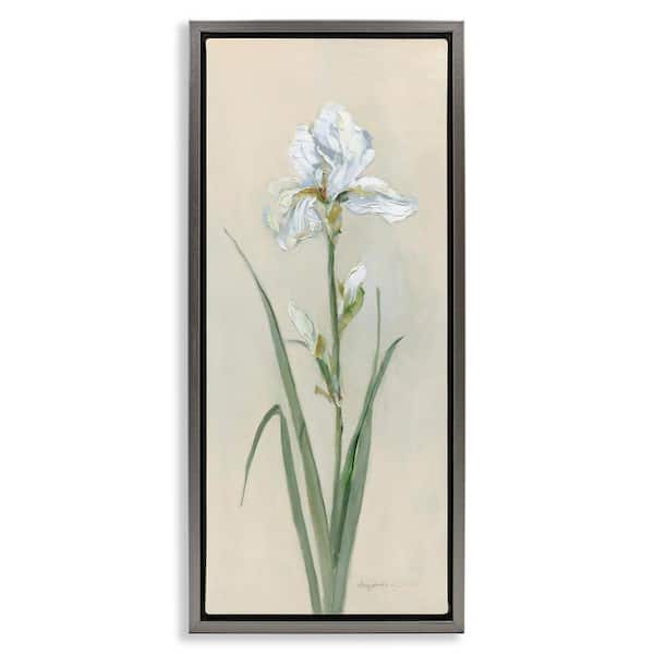 Stupell Industries White Iris on Beige by Sally Swatland Gray Floater Frame Nature Graphic Art Print 25 in. x 11 in.