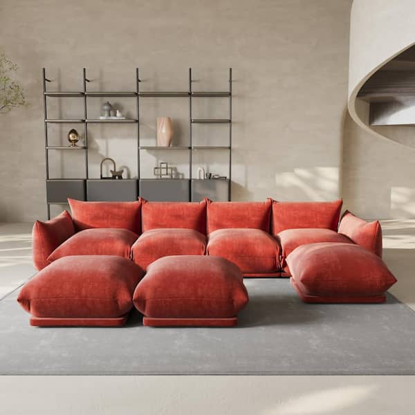 Modern 131 in. Flared Arm 7-Piece Chenille 4 Seater Modular Convertible Couch Sectional Sofa with 3 Ottomans in. Orange