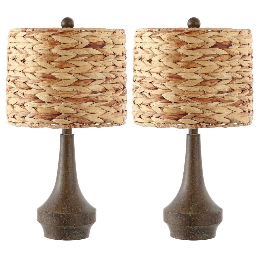 Theodore 21" Brown Resin Table Lamp Set with Handwoven Rattan Shade