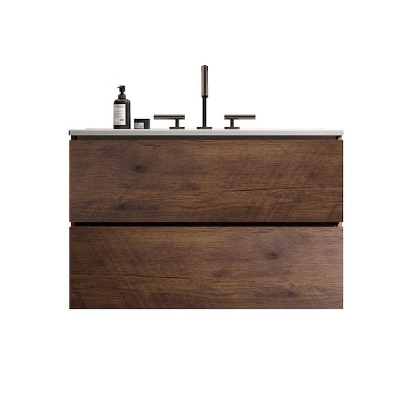 Boosicavelly 30 in. W x 18 in. D x 21 in. H Single Sink Floating Bath Vanity in Walnut with White Ceramic Top