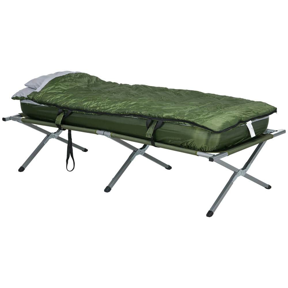 Outsunny Green Folding Camping Cot with Mattress and Pillow