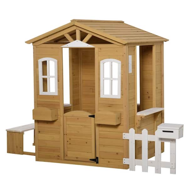 Sudzendf Outdoor Wood Playhouse with Working Doors Windows and Mailbox, Pretend Play House for Age 3-6 Years