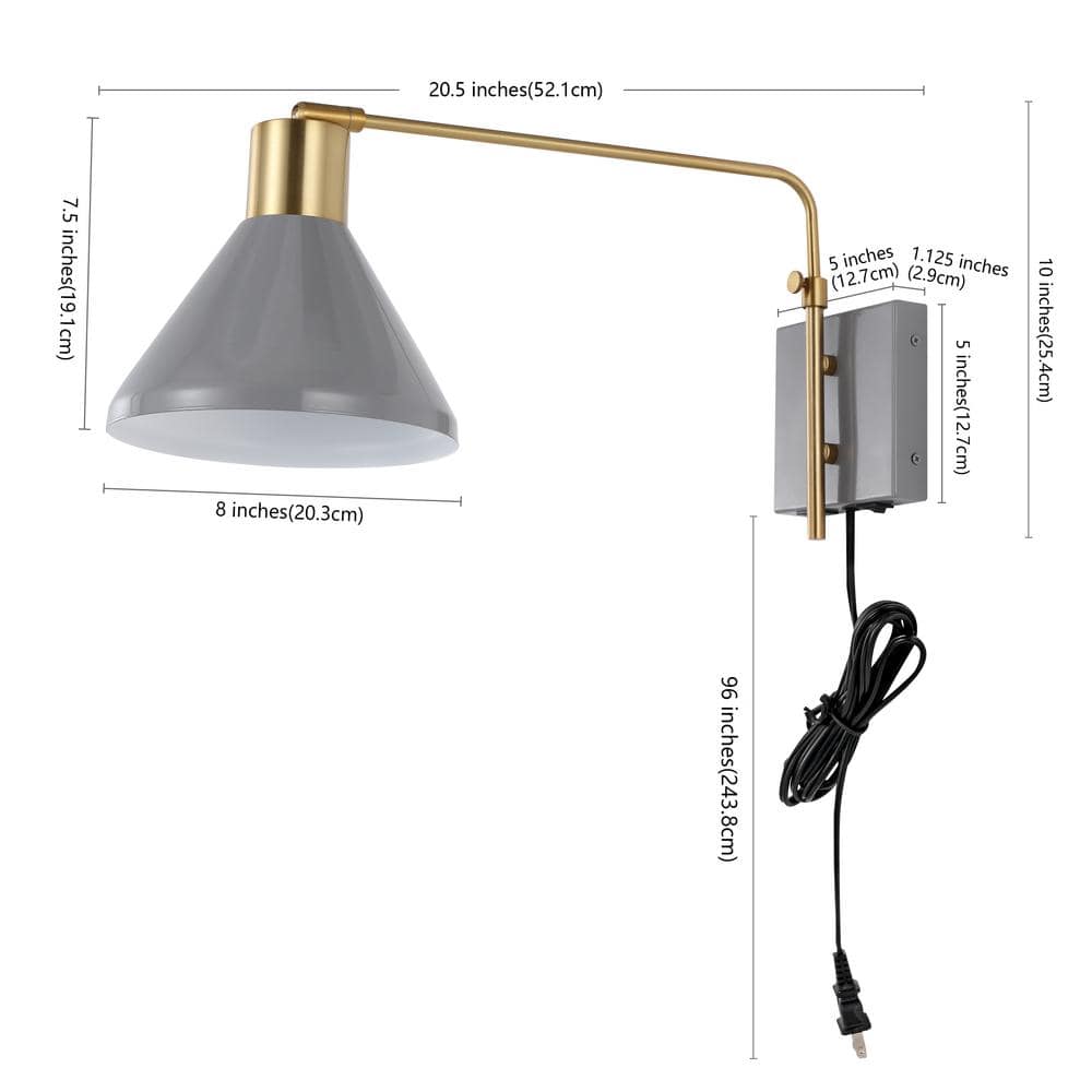 Max 20.5" Gray and Brass Gold Iron Swing Arm Sconce with USB Port