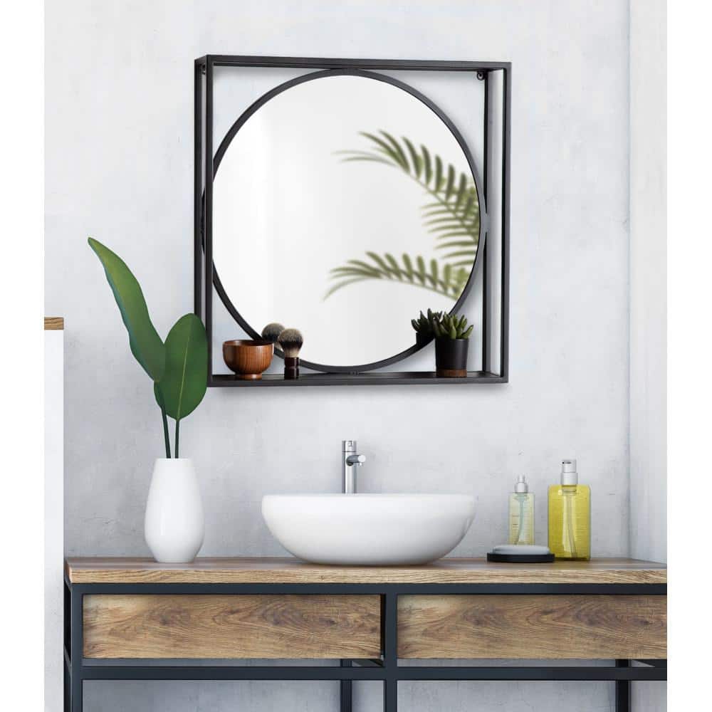 26.7" Black Iron Square Wall Mirror with Shelf