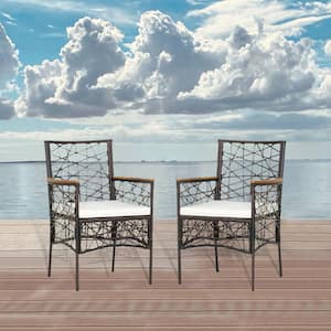 2-Pieces PE Wicker Patio Bistro Dining Chairs with Acacia Wood Armrests and Off White Cushions