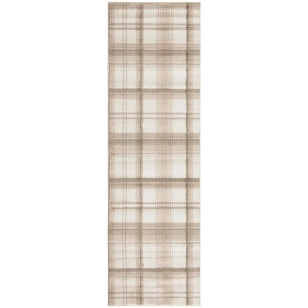 Nourison Grafix Ivory Beige 2 ft. x 6 ft. Plaid Contemporary Runner Area Rug