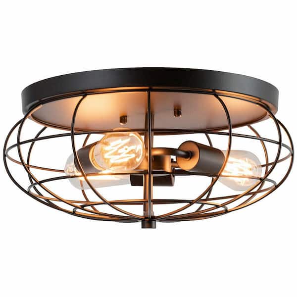 15.5 in. W 3-Light Black Semi-Flush Mount Ceiling Light with Industrial Retro Design