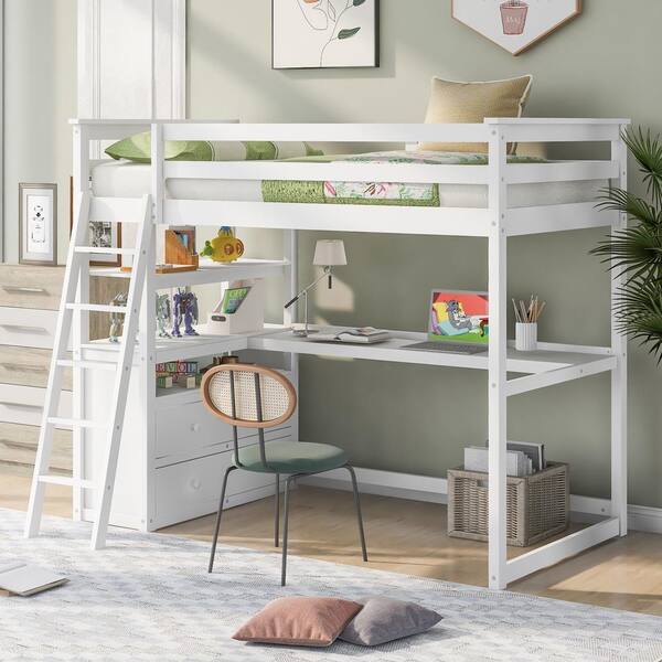 white twin size loft bed with desk