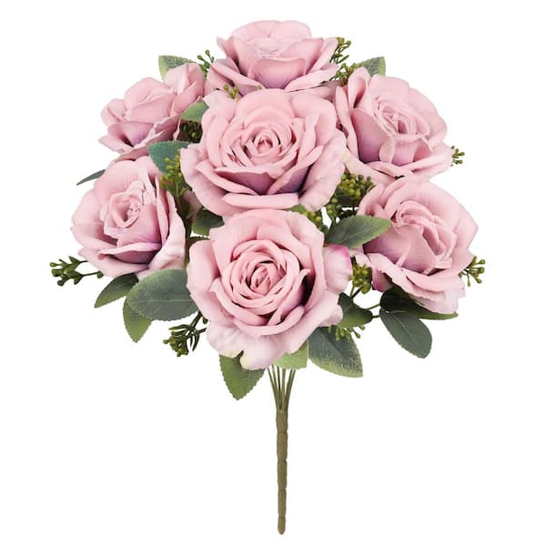 LIVING LUXURY 17 in. Deluxe Pink Mauve Artificial Elegant Rose Flower Stem Bush Bouquet (Set of 2)