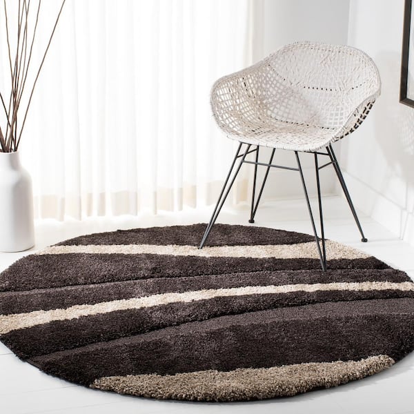Florida Shag Dark Brown/Beige 5 ft. x 5 ft. Round Striped Area Rug