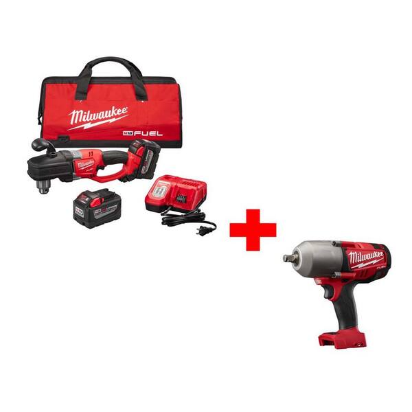 Milwaukee M18 FUEL 18V Lithium-Ion Brushless Hole Hawg 1/2 in. Cordless Right Angle Drill 9.0Ah Kit, Free 1/2 Impact Wrench