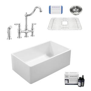 Ward All-in-One Farmhouse Fireclay 33 in. Single Bowl Kitchen Sink with Pfister Bridge Faucet in Chrome