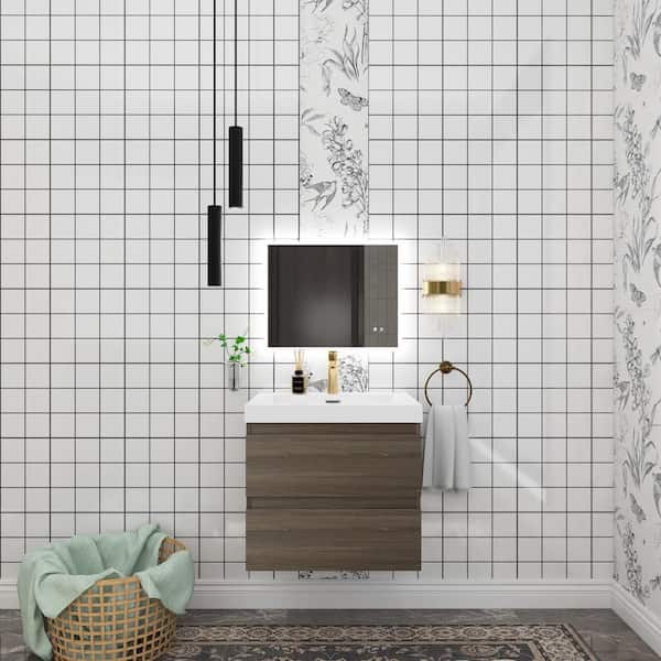 Unbranded 24 in. W. x 19.5 in. D Single Sink Wall-Mounted Bathroom Vanity in Ash Grey with Glossy White Resin Top