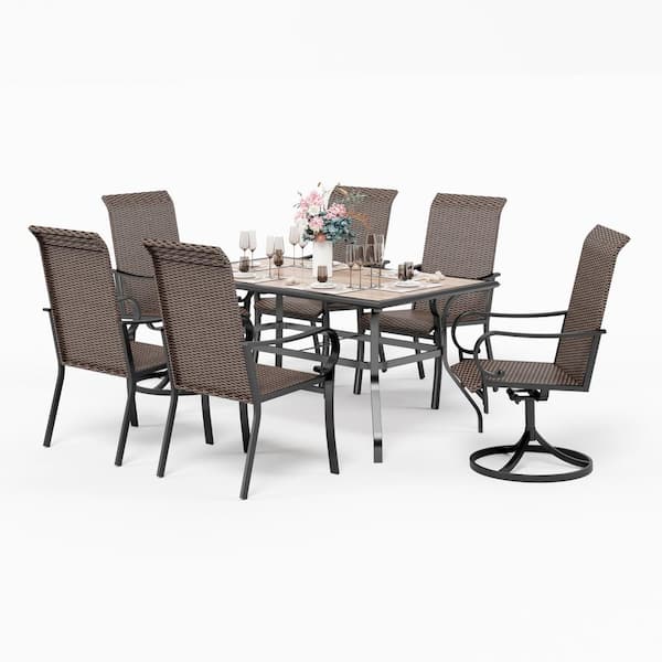 PHI VILLA Black 7-Piece Rattan Patio Outdoor Dining Set with Rectangle Table and High in Back Swivel Chairs