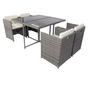 5-Piece Wicker Outdoor Dining Sets with Glass Table and White Cushion