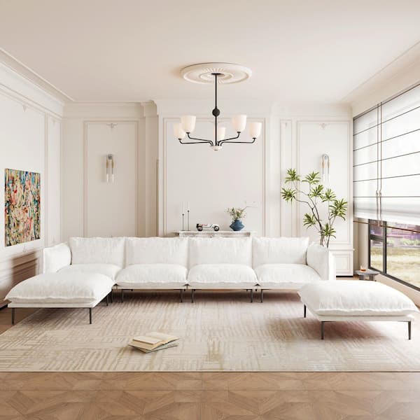 Minimalist 147 in. 6-Piece Tapered Arm Velvet Sectional Sofa, U-shaped Couch with 2 Ottomans for Living Room in. Beige