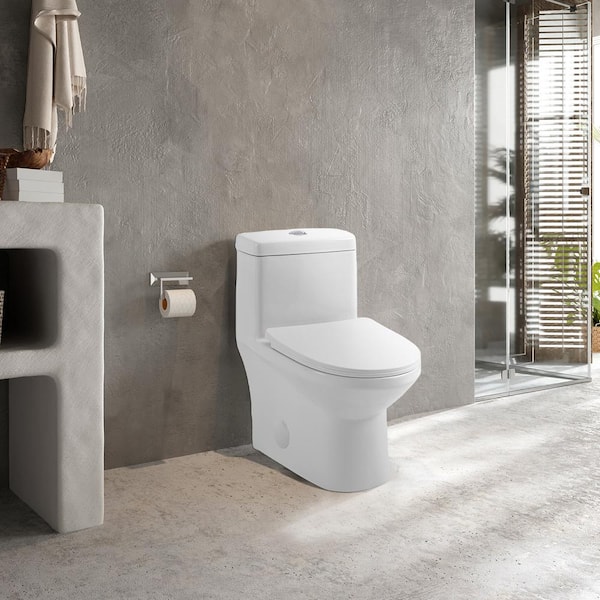 1-piece 0.8/1.28 GPF GPF Dual Flush Elongated Modern Toilet Soft Closing Seat, Quick Release in White Seat Included