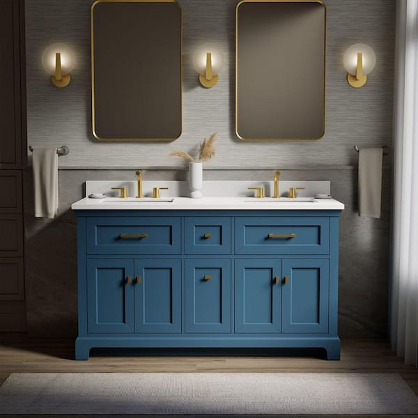 Charlemont 61 in. Double Sink Freestanding Tidal Blue Bath Vanity with White Quartz Top Assembled