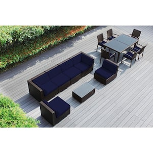 Ohana Dark Brown 14-Piece Wicker Patio Conversation Set with Stackable Dining Chairs and Sunbrella Navy Cushions