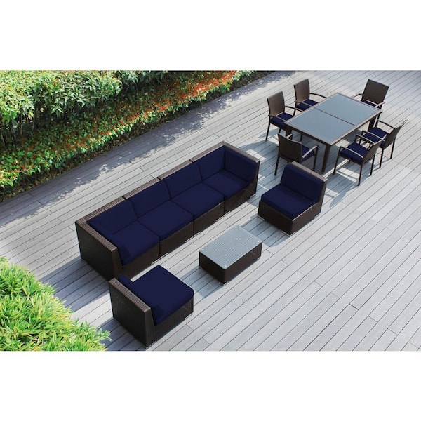 Ohana Depot Ohana Dark Brown 14-Piece Wicker Patio Conversation Set with Stackable Dining Chairs and Sunbrella Navy Cushions