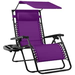 Zero Gravity Folding Reclining Amethyst Purple Fabric Outdoor Lawn Chair with Canopy Shade, Headrest Tray
