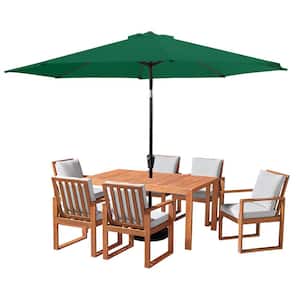 Weston 8-Piece Wood Outdoor Dining Table Set with 6 Chairs, Cushions and 10-Foot Auto Tilt Umbrella Hunter Green