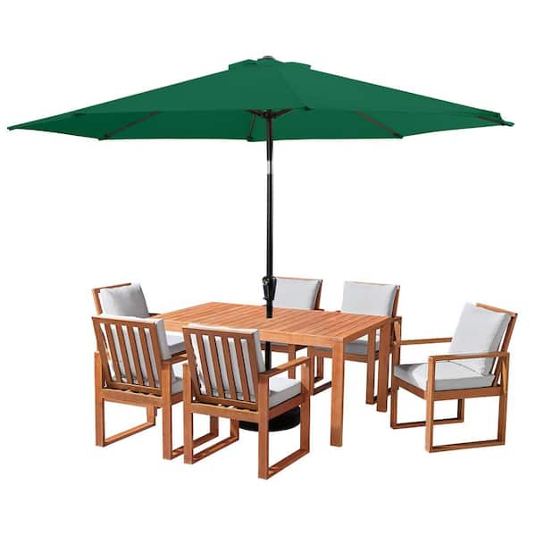 Alaterre Furniture Weston 8-Piece Wood Outdoor Dining Table Set with 6 Chairs, Cushions and 10-Foot Auto Tilt Umbrella Hunter Green